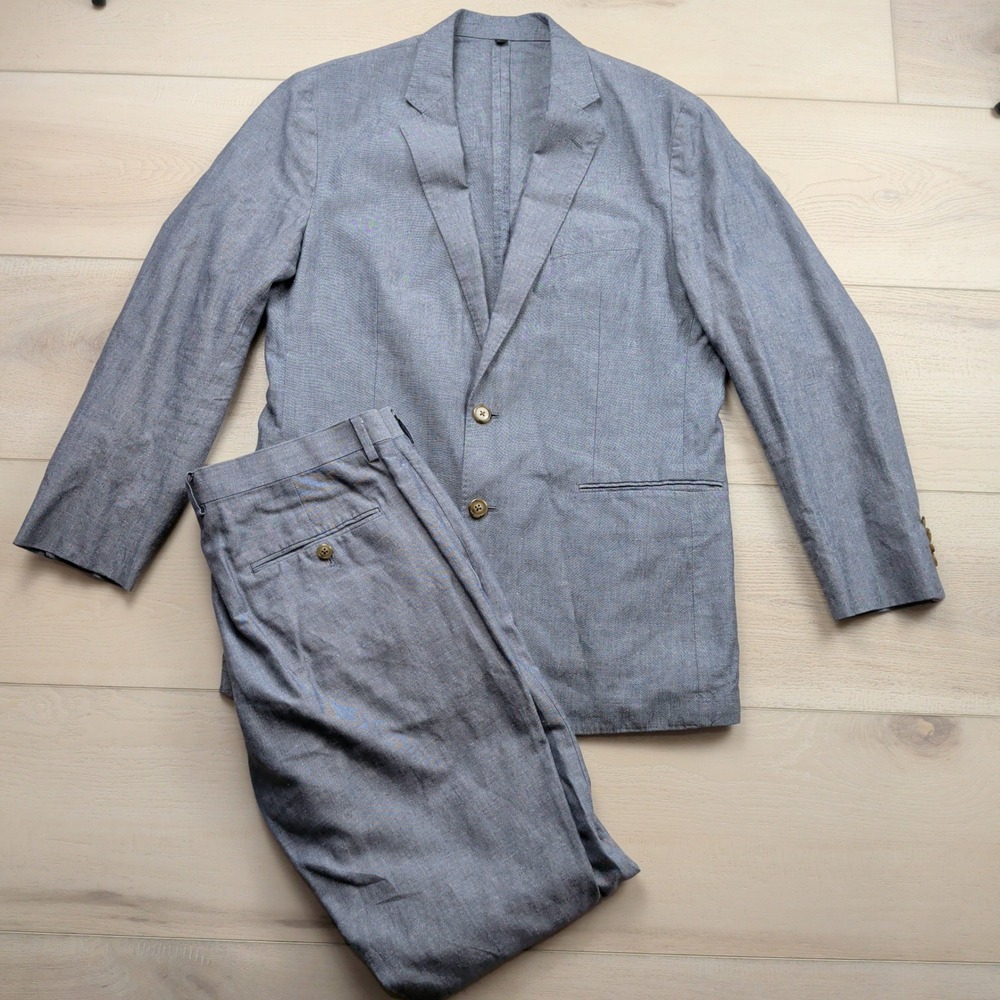 J.Crew Ludlow 2 Piece Suit Baird McNutt Irish Linen Cotton Blue Mens 40R 32x28